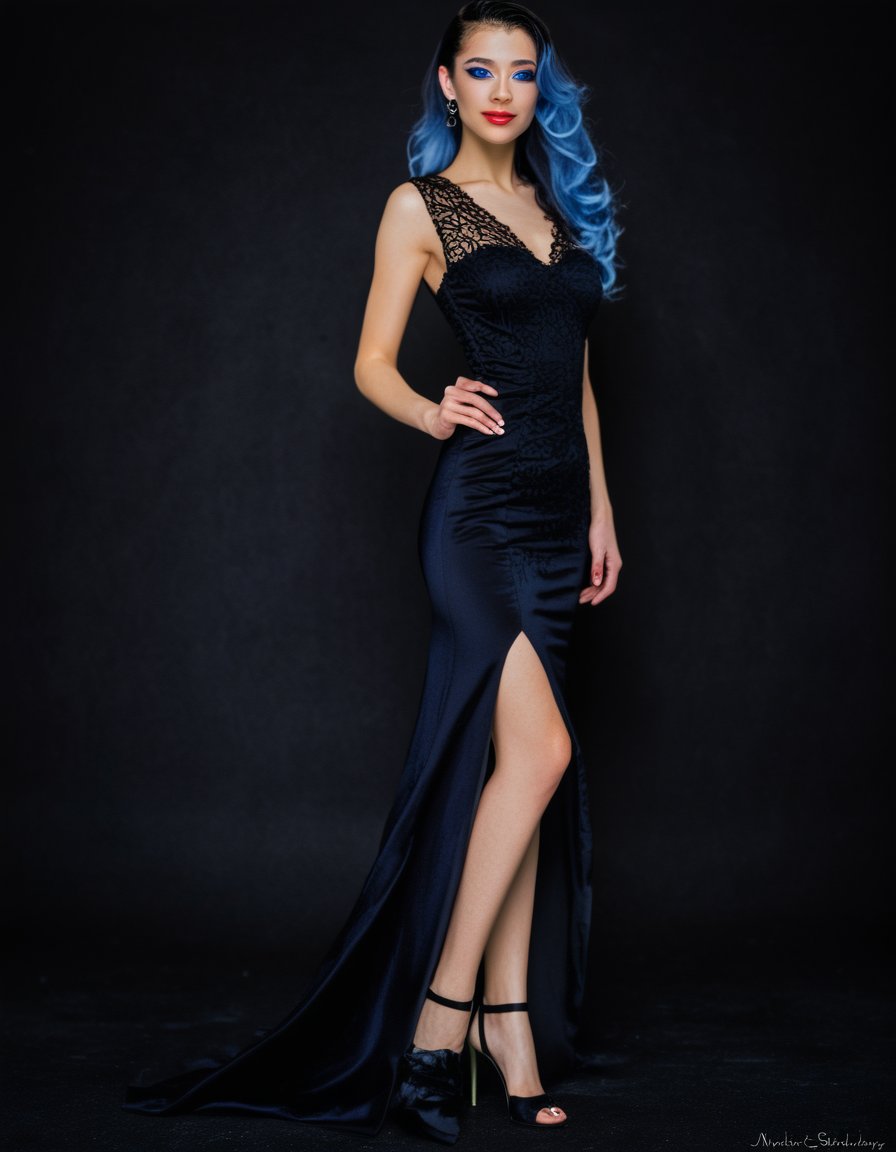 NARIKA, personaggio AI dai capelli blu: eleganza in nero.
