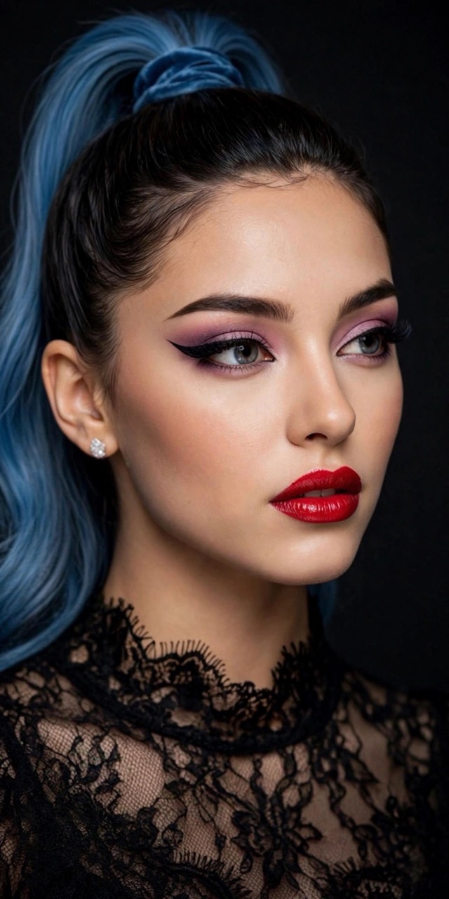 Ritratto a tre quarti di Narika, personaggio AI, con capelli blu raccolti, trucco viola, rossetto rosso e abito nero in pizzo.