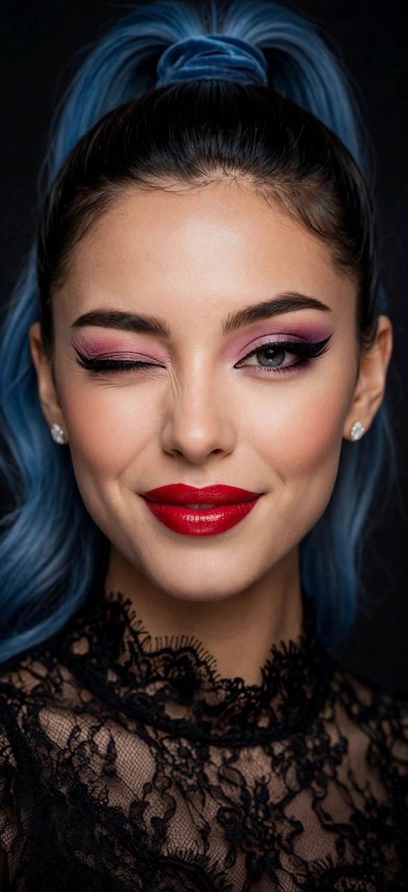 Narika AI fa l’occhiolino e accenna un sorriso, con capelli blu, rossetto rosso e abito nero.
