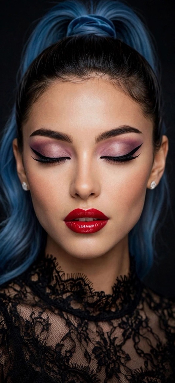 Narika AI ritratta con gli occhi chiusi; ombretto viola, capelli blu e colletto nero in pizzo.
