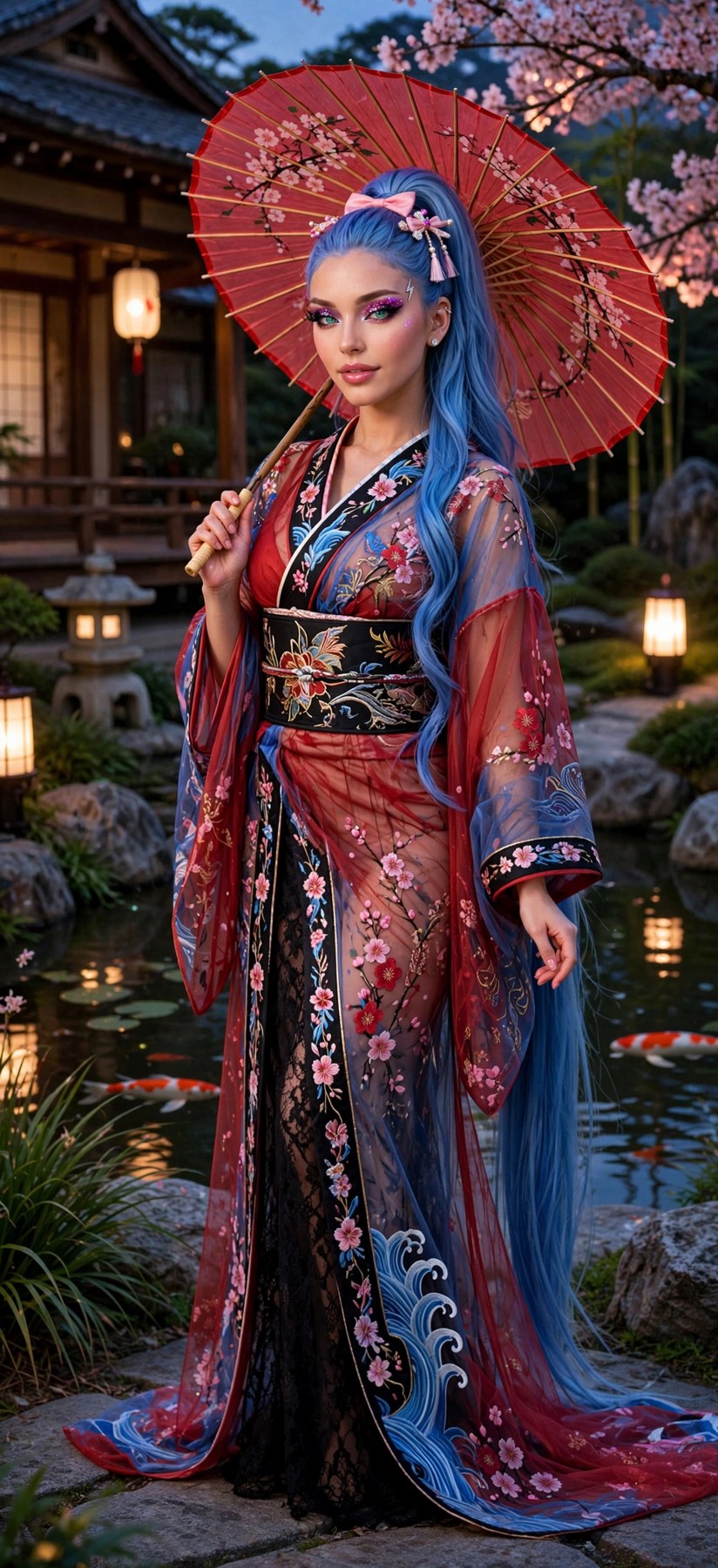 NARIKA, personaggio AI: Seta, fiori e blu.