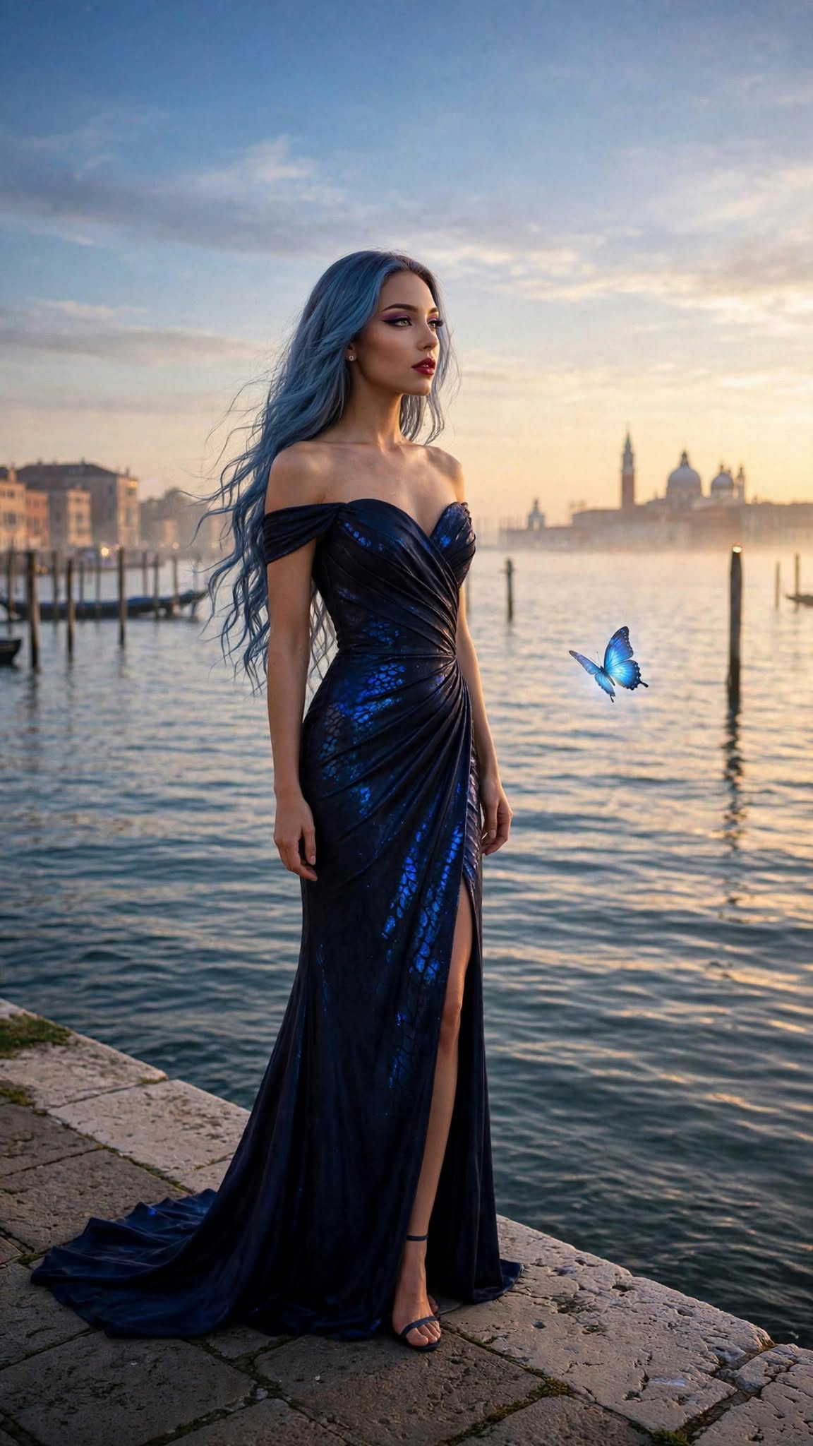 NARIKA con l’abito blu approvato, nella luce di Venezia: La luce di Venezia.