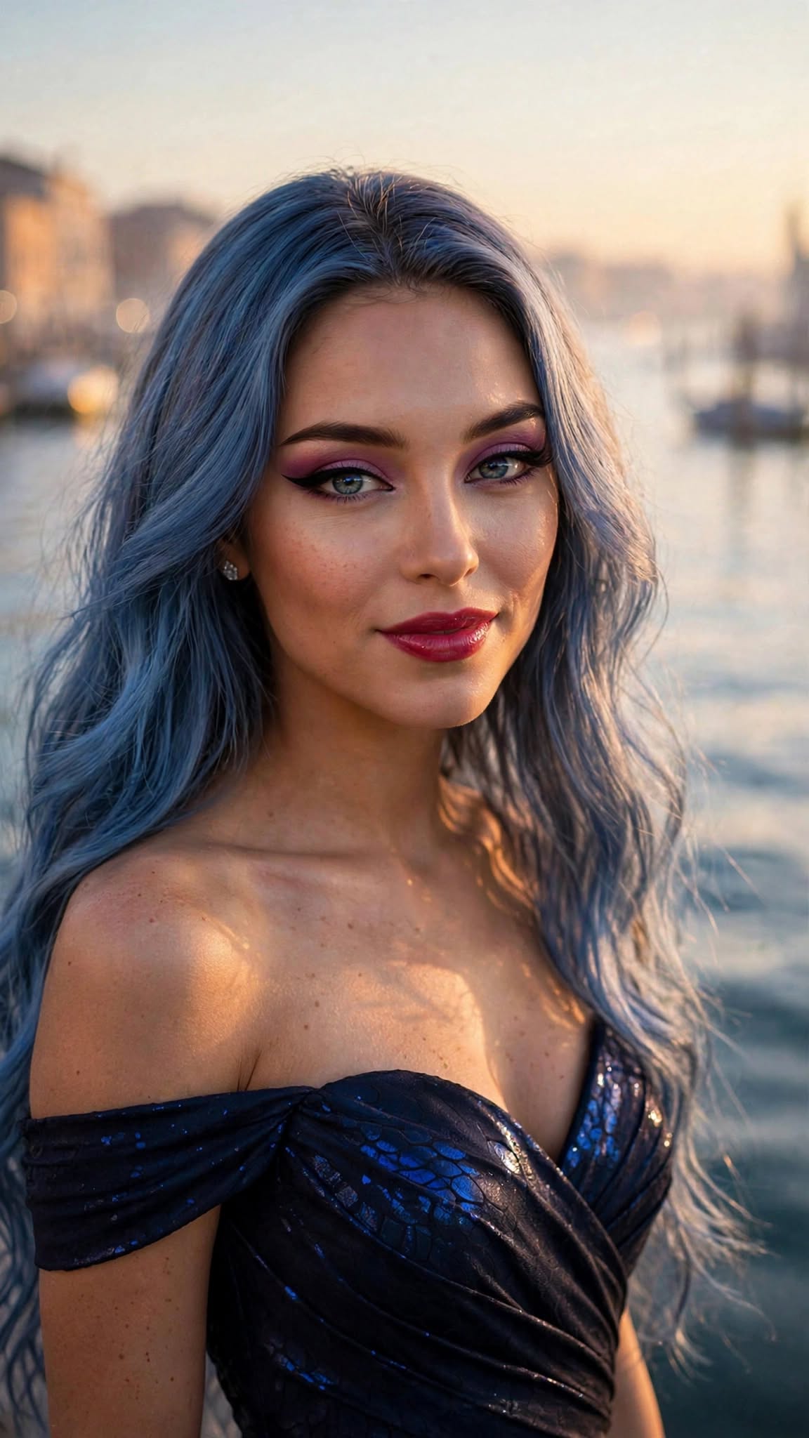NARIKA con l’abito blu approvato, nella luce di Venezia: Lo sguardo nella luce.