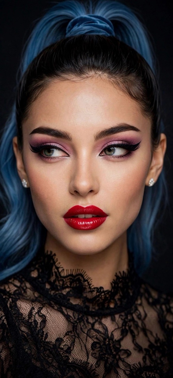 Primo piano di Narika AI con lo sguardo rivolto di lato, capelli blu e trucco viola.